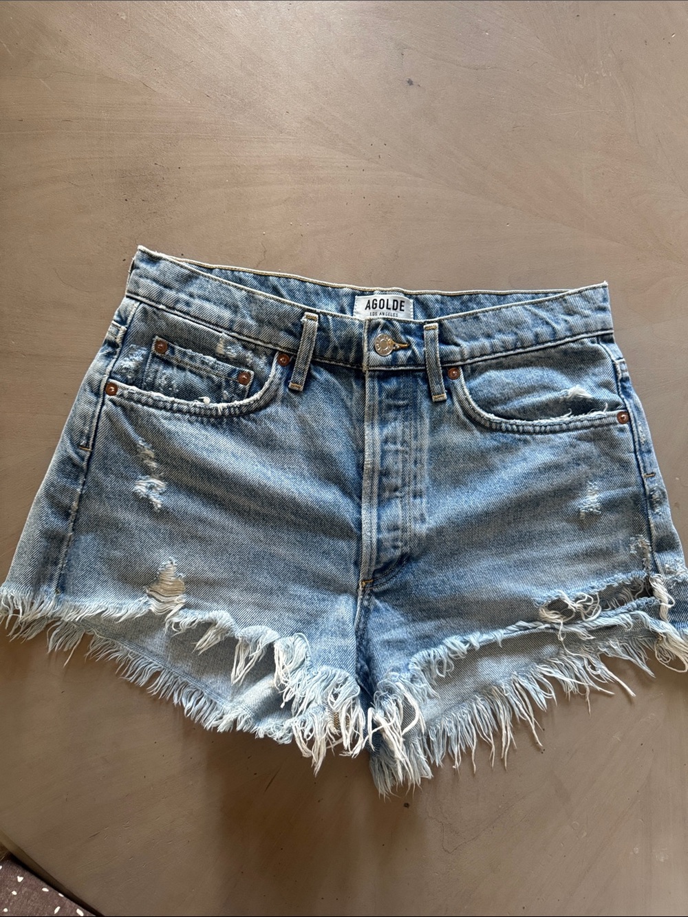 Agolde Light Wash Distressed Frayed Denim Shorts